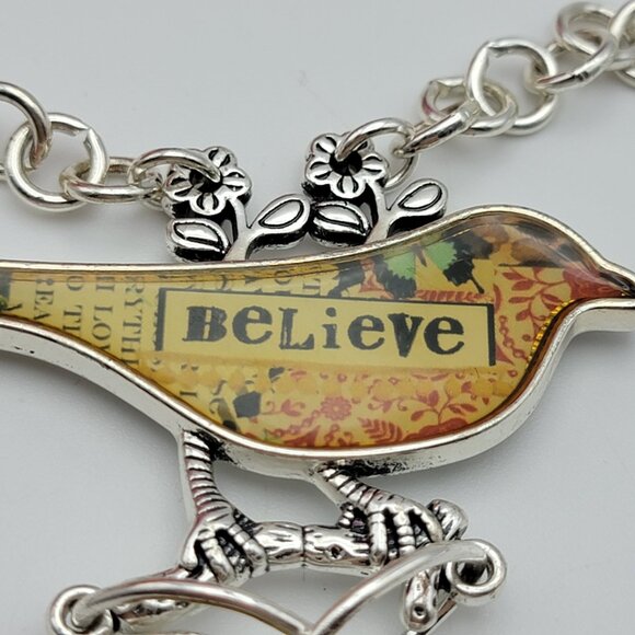 Plunder Design Bird & Heart Pendant Necklace "Believe You Can" Silver/Yellow 35" - Picture 3 of 7
